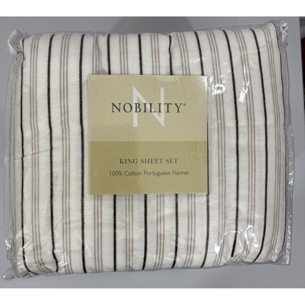 Nobility Portuguese Cozy Flannel King Sheet Set 100% Cotton Striped Neutral